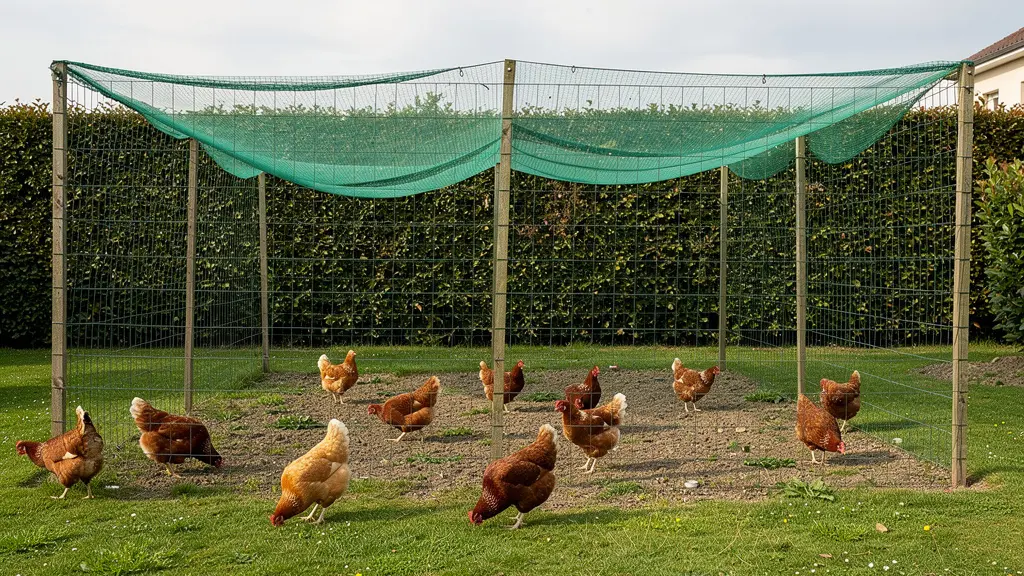 Enclos à poules avec filet vert dans jardin familial parcours extérieur