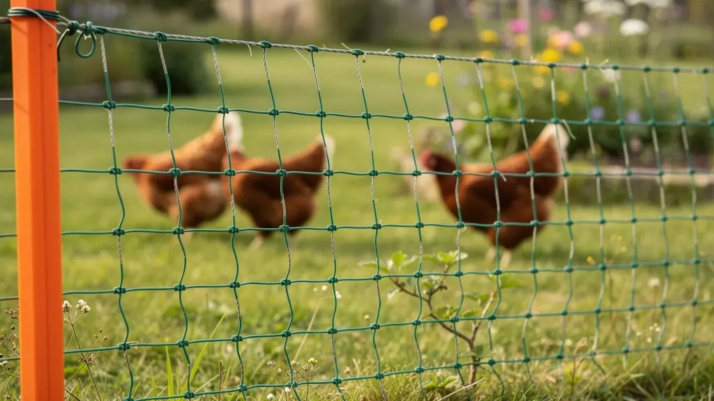 Détail filet électrifiable poulailler avec conducteurs métalliques visibles