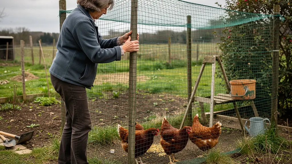 Éleveuse installant un filet de poulailler vert dans son jardin avec poules rousses