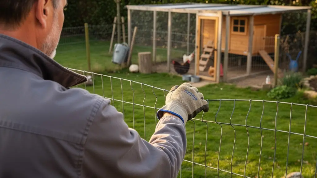 Éleveur vérifiant la tension d'un filet de poulailler dans son jardin