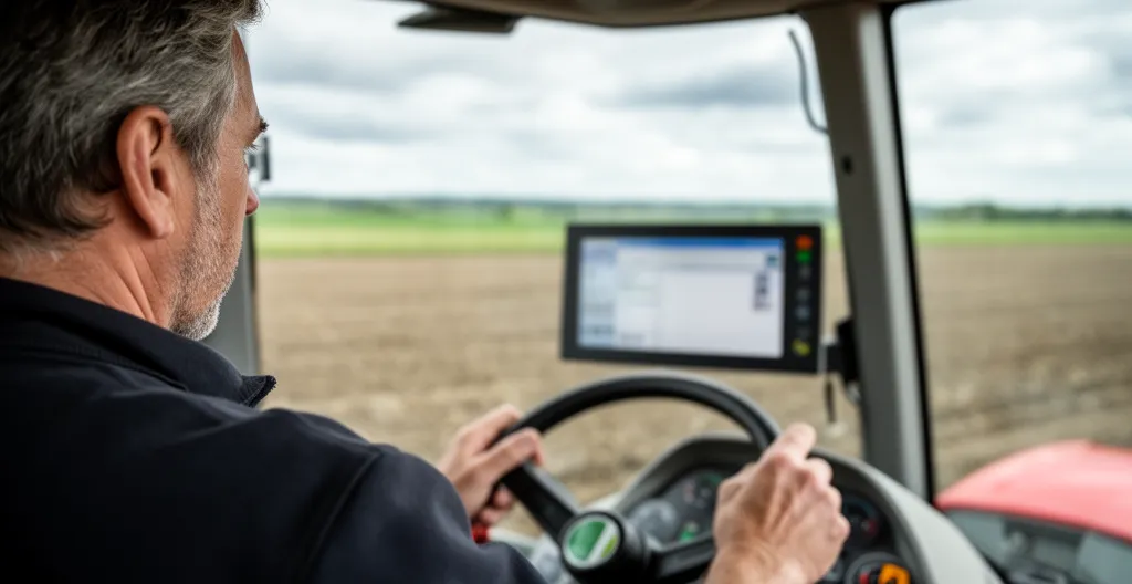 Agriculteur consultant un écran de gestion depuis sa cabine de tracteur
