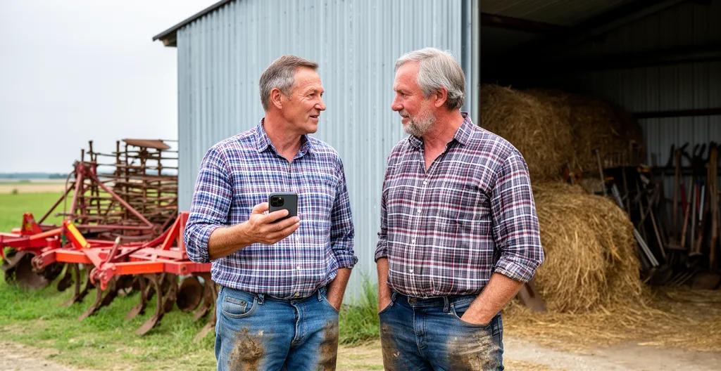 Deux agriculteurs discutant près d'un hangar, l'un montrant son smartphone