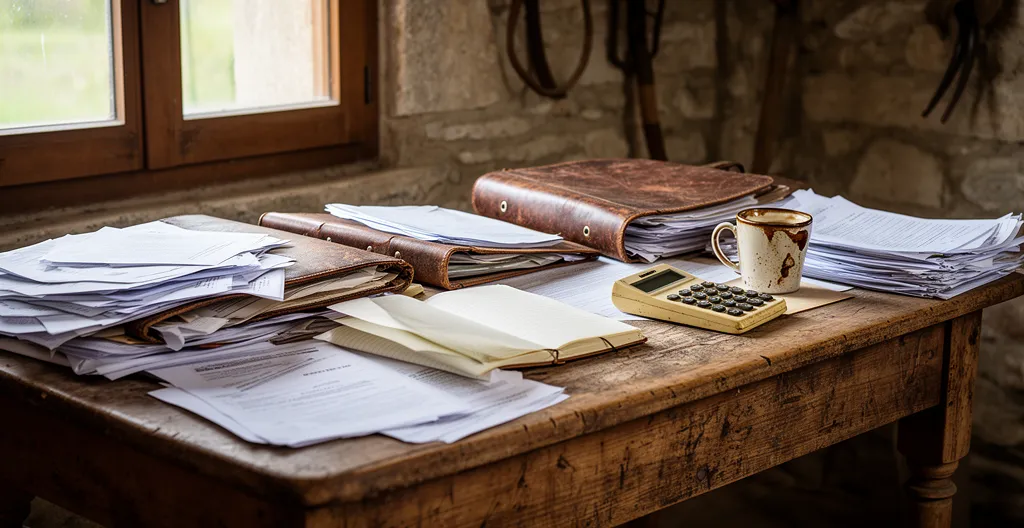 Bureau de ferme encombré avec cahiers et papiers administratifs agricoles