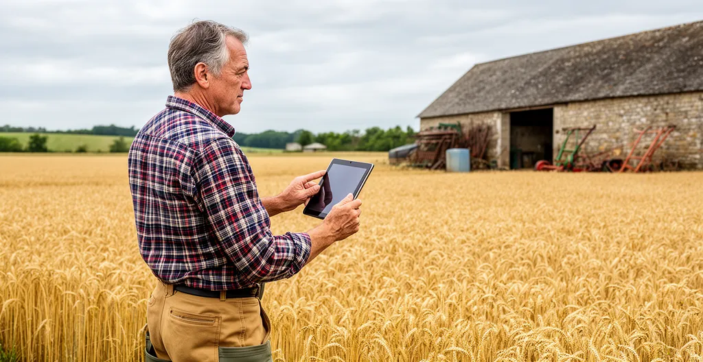 Exploitant agricole consultant une tablette au bord de son champ de blé