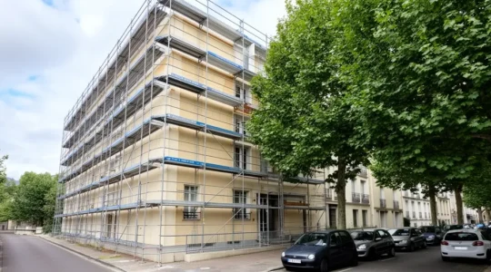 Façade d'immeuble collectif avec échafaudages pour travaux de rénovation énergétique CEE