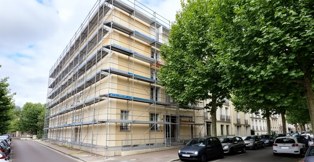 Façade d'immeuble collectif avec échafaudages pour travaux de rénovation énergétique CEE