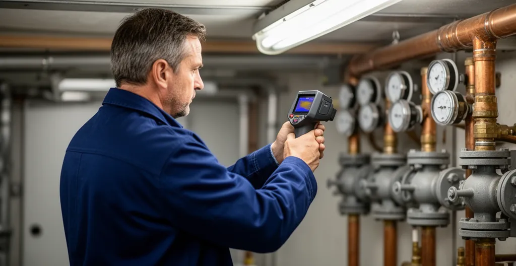 Auditeur énergétique réalisant un diagnostic thermique en chaufferie de copropriété