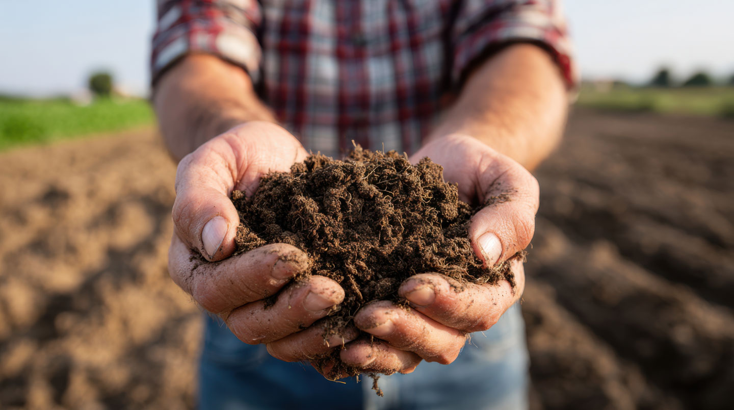 Épandage de compost mûr de couleur sombre sur une parcelle maraîchère préparée, texture grumeleuse du compost visible, environnement de culture professionnelle