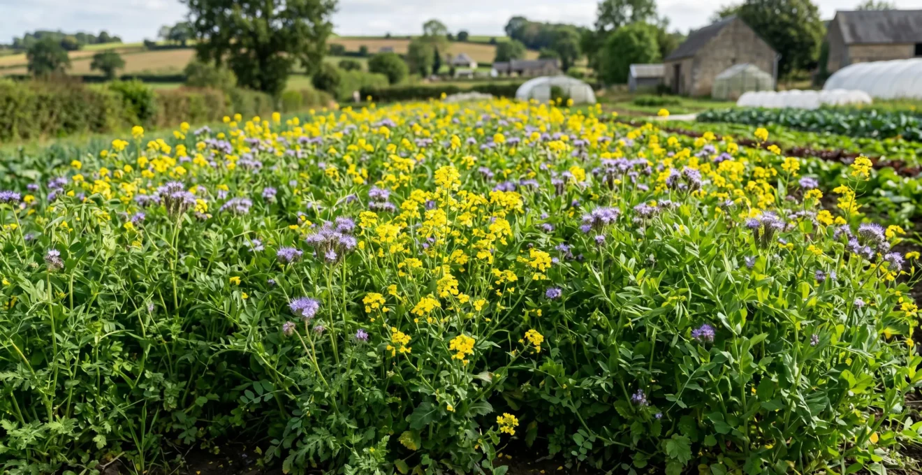 Couvert d'engrais verts en pleine floraison sur parcelle maraîchère, végétation dense de couleur vive recouvrant le sol entre deux cycles de culture