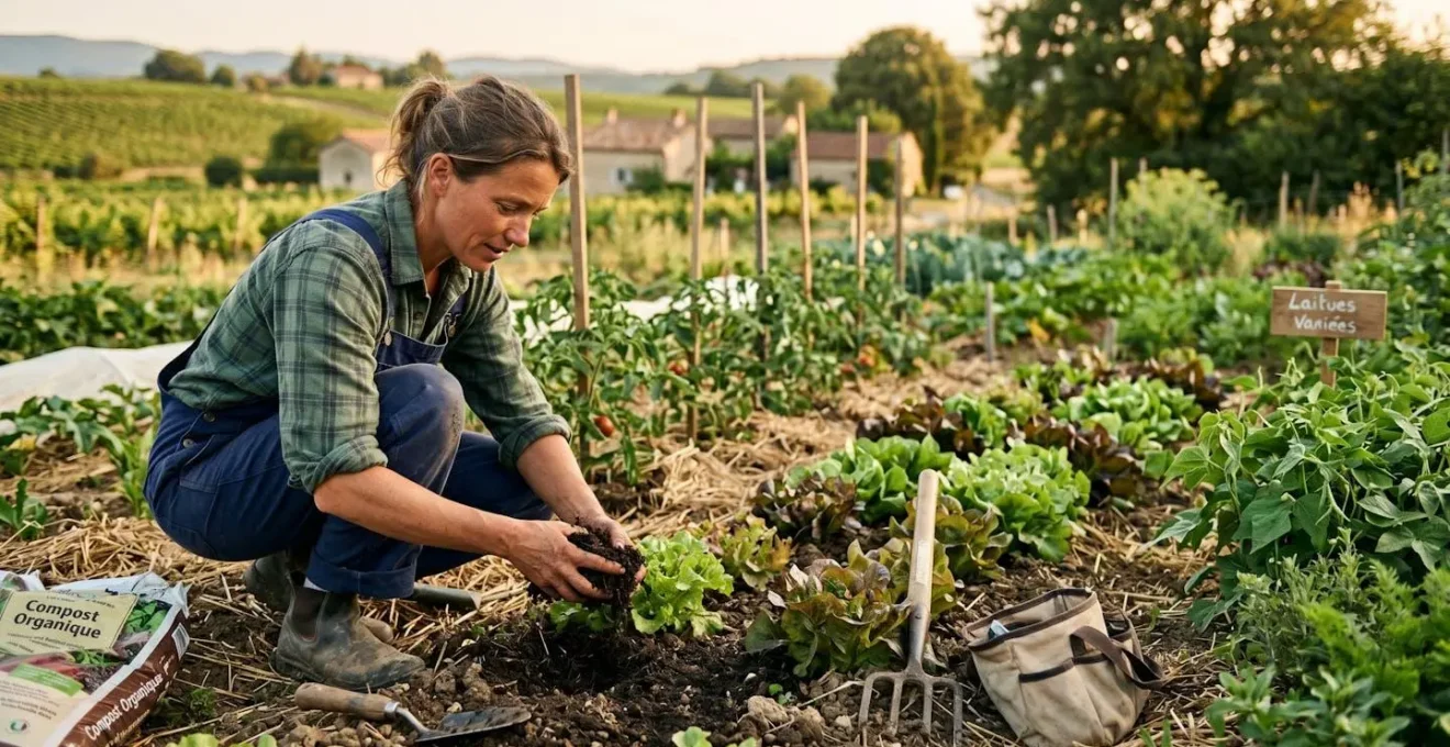 Maraîcher bio examinant la structure du sol sur une parcelle de légumes diversifiés, environnement de plein champ avec rangs de cultures et matière organique visible au sol