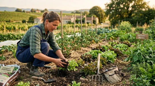 Maraîcher bio examinant la structure du sol sur une parcelle de légumes diversifiés, environnement de plein champ avec rangs de cultures et matière organique visible au sol