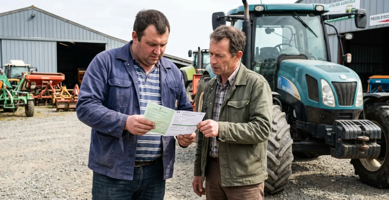 Deux exploitants agricoles échangeant documents administratifs (carte grise, certificat cession) devant tracteur d'occasion en contexte transaction vente matériel agricole