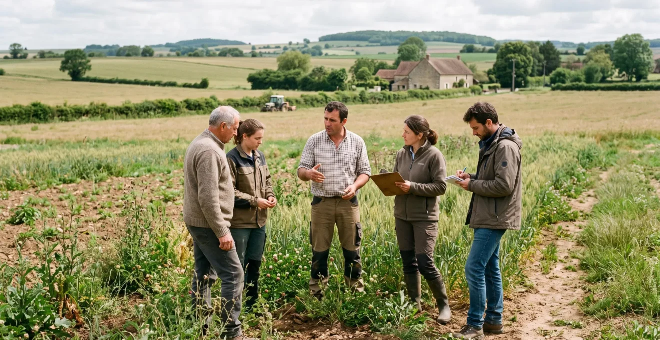 Agriculteurs et conseillers observant une parcelle dans le cadre d'un diagnostic agroécologique