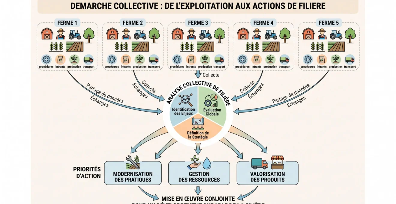 Schéma du passage des diagnostics d'exploitations vers une analyse de filière